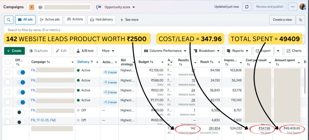 142 website leads for ₹2500 product